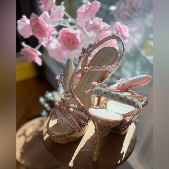 Artistic Custom Adorned Shoes Shoes - Custom HandAdorned OOAK Cork Platform Stilletto Women Runway Statement Heels 8.5